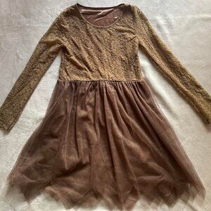 Girls Brown Long Sleeved Tulle Dress